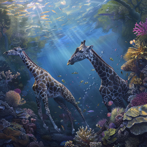 A mystical underwater world with giraffes with fish tails