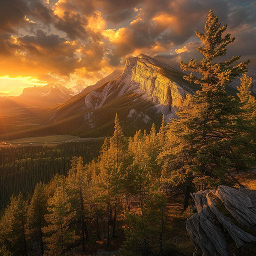 Golden hour on Tunnel Mountain, in the style of Kevin McNeal