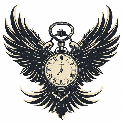 Dynamic flat tattoo sketch of a stopwatch with wings