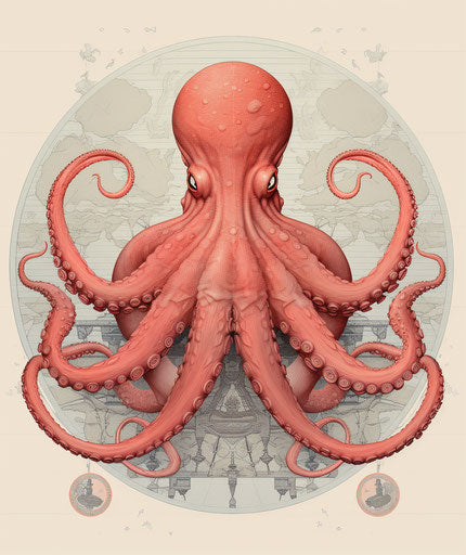 Octopus on circular Japanese-influenced background, light red and light gray