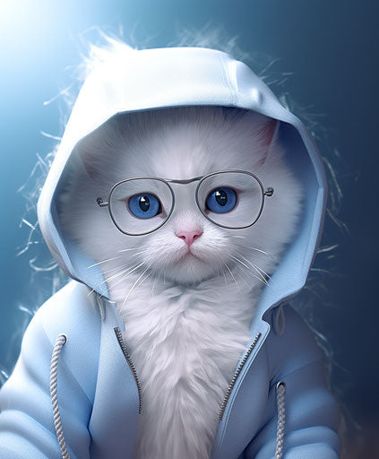 White kitten in blue hat and glasses