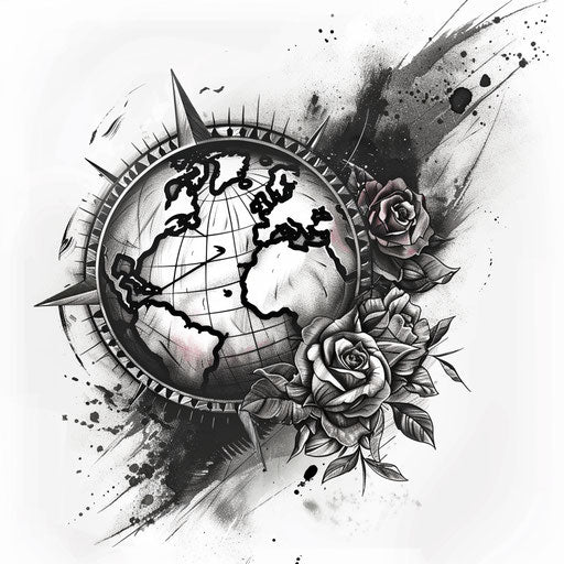 Gothic flat tattoo sketch of a globe with gothic rose compasses, dark blacks and grays, clipart style