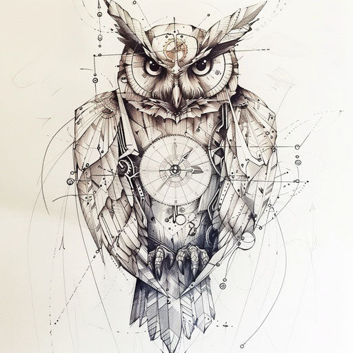 Rustic mechanical owl tattoo design with clockwork components