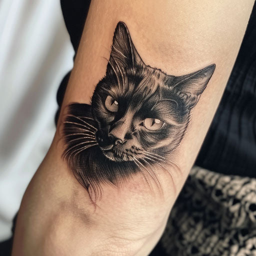 Realistic black cat tattoo on white background