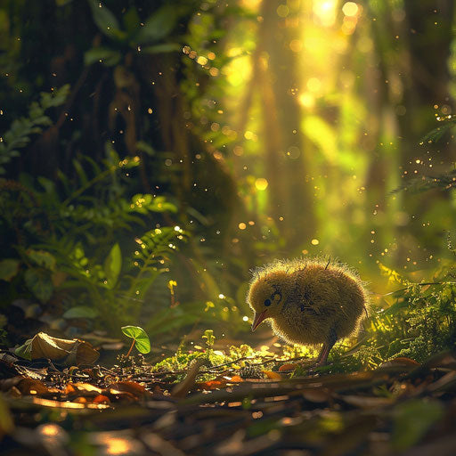 Kiwi bird chick exploring the forest floor