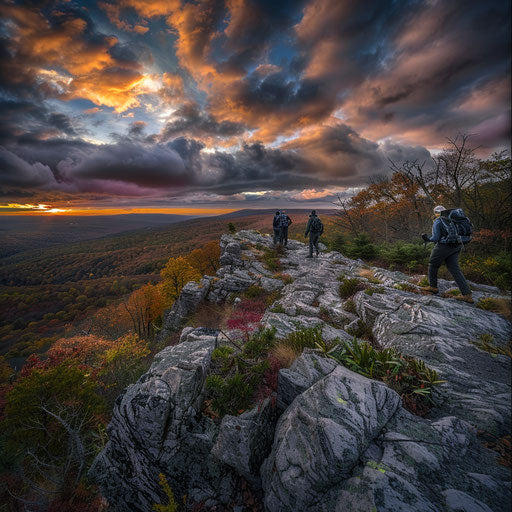 Hikers in the Pocono Mountains with dramatic skies