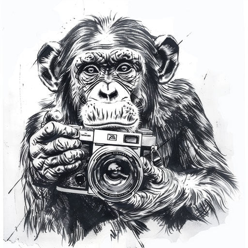 Monkey with camera tattoo, detailed on white background