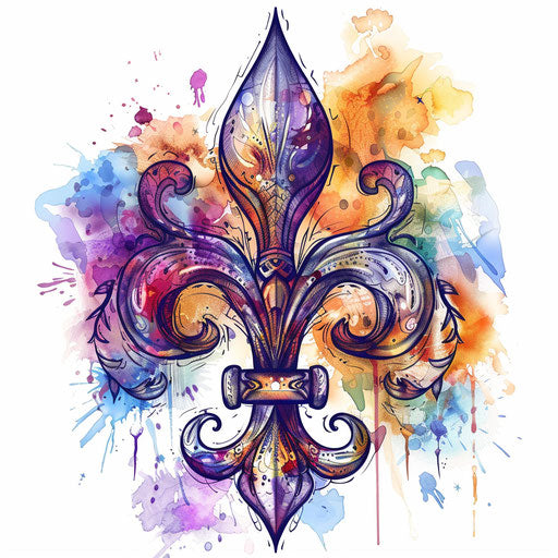 Sketch of a flat tattoo of a fleur de lis in vibrant watercolor