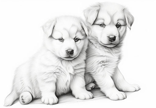 Two puppies coloring pages, in the style of fine and detailed, clean and sharp inking, konica auto s3, petcore, transcendent, long distance and deep distance 33:23