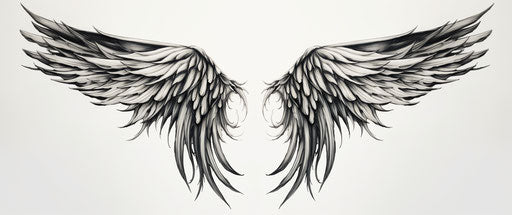 Black and white tattoo of angel wings, scientific illustration style