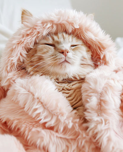 Orange cat with pink fur hood, facial expressions, white and beige