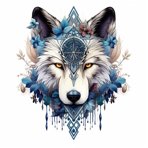 Geometric wolf head design with exotic flora and fauna elements