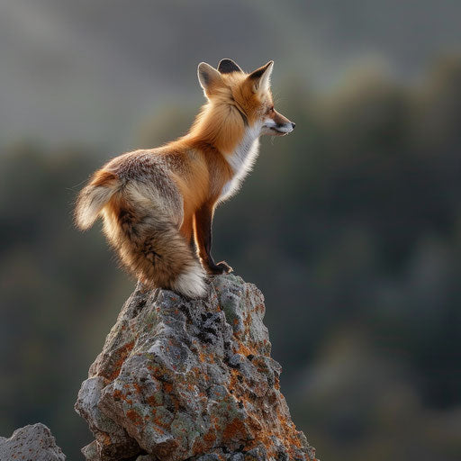 White tail fox overlooking valley at dawn