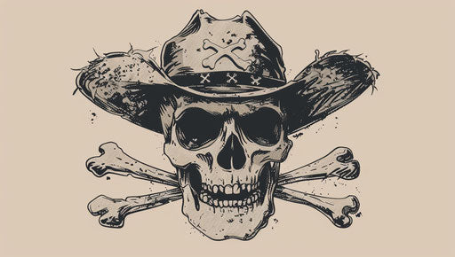 Skull with cowboy hat and crossed bones, poetcore style, captivating 37:21