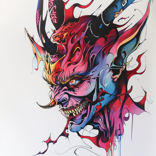 Punk rock devil tattoo: bold colors on white backdrop