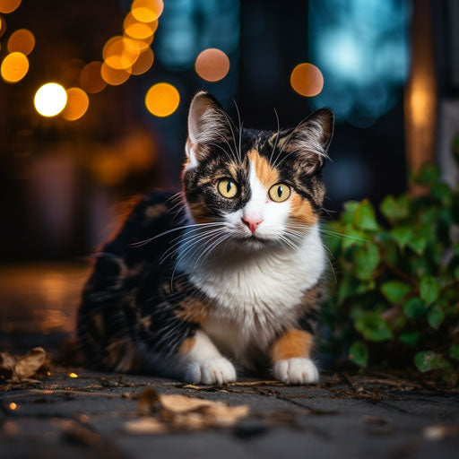 calico cat outside at night