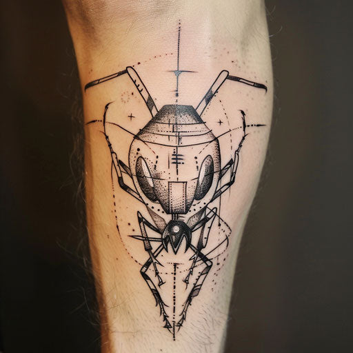 Bold sketch of an ant's head with tribal markings