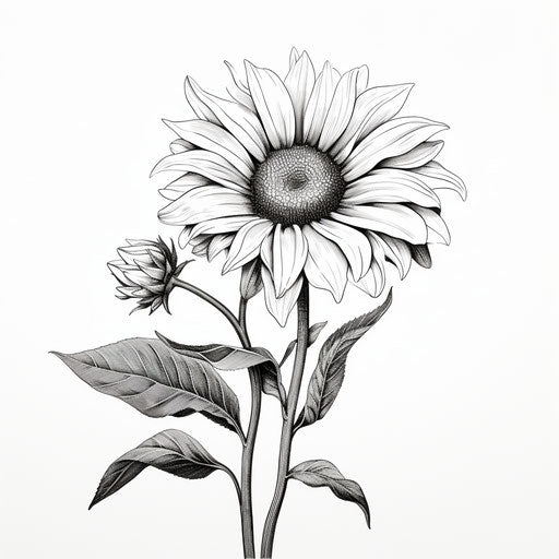 Black and white sunflower drawing, minimalist and vintage style
