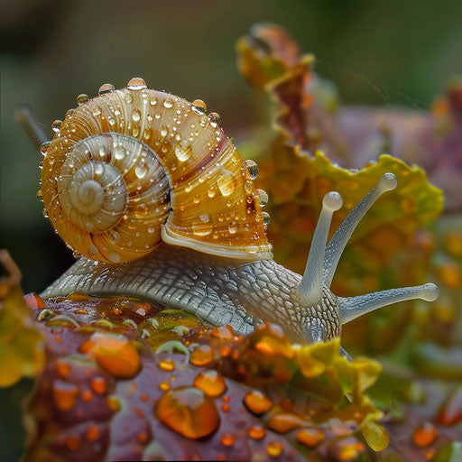 Snail with rain droplets in the style of Paul Souders