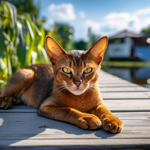 Abyssinian cat lying on a dock