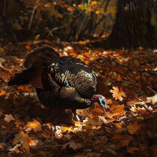 Wild turkey among fallen autumn leaves