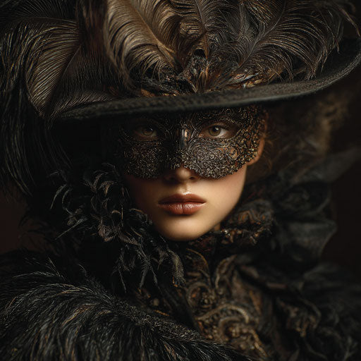 A woman in elegant dark attire and a mask