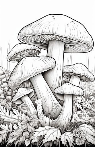 Mushroom coloring page for kids, salvagepunk style
