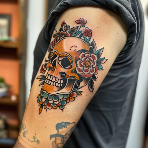 Bicep tattoo of a classic skull and roses, in the style of Ed Hardy, on the bicep