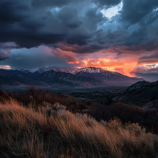 The Wasatch Mountains at stormy sunset, in the style of Lucas Foglia