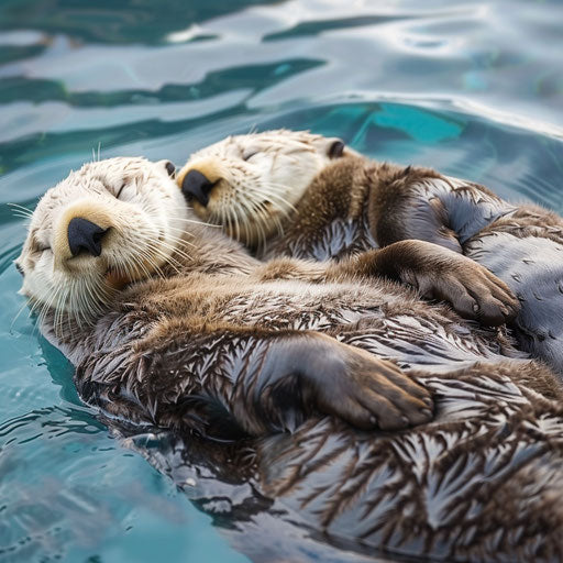 Sea otters holding hands while sleeping in the open ocean
