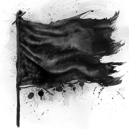 Elegant flat tattoo sketch with watercolor effects on a tattered black flag