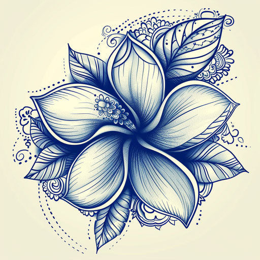 Elegant flat tattoo sketch of plumeria with lace patterns