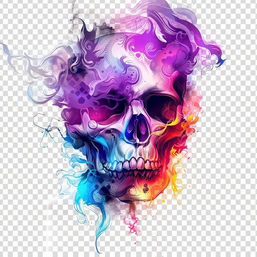 Skull with colorful tattoo and smoke on transparent background