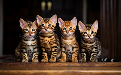 Bengal kittens on wooden floor, dark gold style