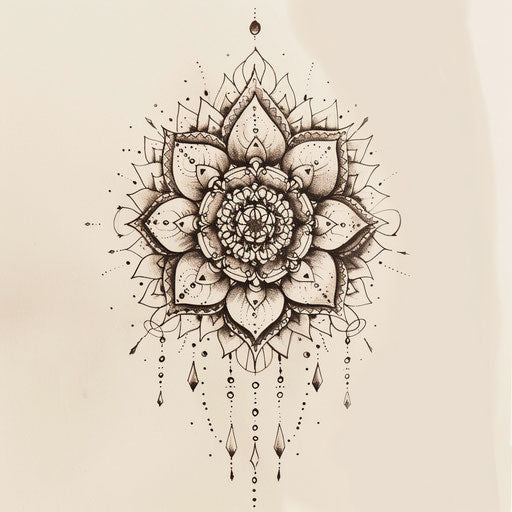 Bohemian flat tattoo sketch with chaotic mandala patterns in earthy tones