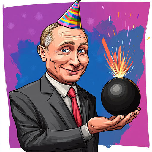 Humorous caricature of a vladimir Putin with human characteristics, wearing a party hat