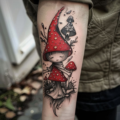 Red tattoos with whimsical themes, Steve Sack style