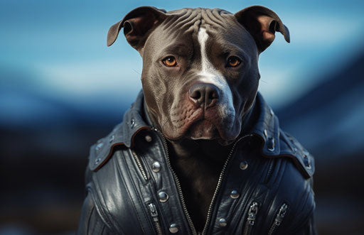 Young pitbull standing in a field, dark silver and light indigo style