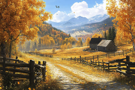 Picturesque autumn scene in Goldpeak mountains, colorful leaves on trees and fields, old farmhouse surrounded by wooden fences