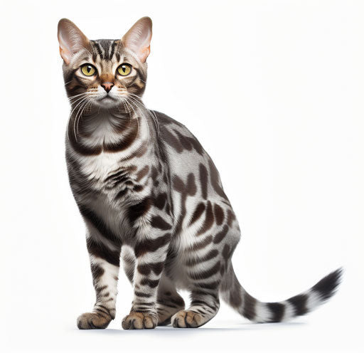 Bengal cat on white background, dark silver and light maroon style, heavy shading, surprisingly absurd, algeapunk, mingei, petcore, delicate markings