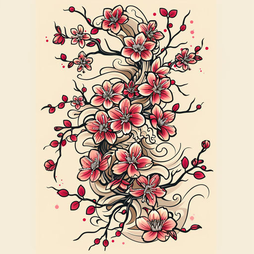 Elegant flat tattoo sketch of sakura blooms intertwined with traditional Japanese patterns