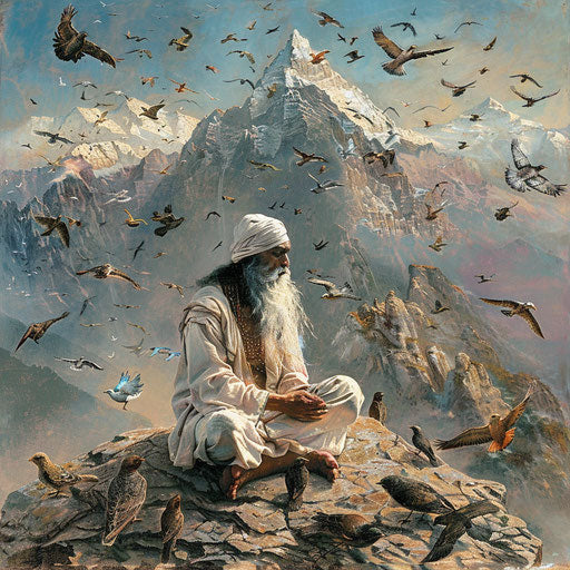 Babaji meditating on Himalayas surrounded by birds