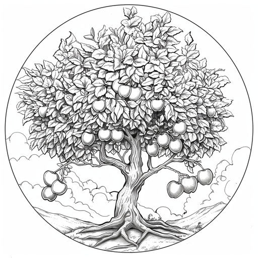 A tree with a round top and a few apples hanging