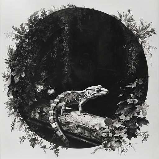 Gothic flat tattoo sketch of a gecko lurking in a dark, mystical garden