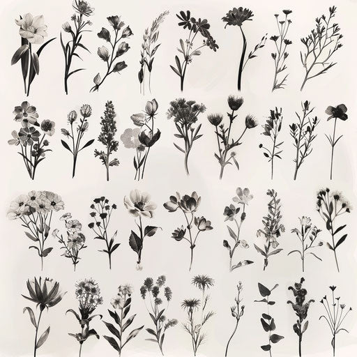 Array of wildflower tattoos in monochrome on white background
