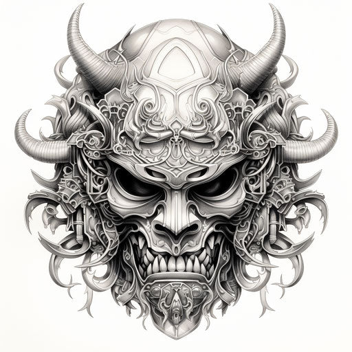 Japanese samurai helmet in black and white, myth-inspired