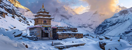 Hindu temple Somnath in Himalaya covered in snow