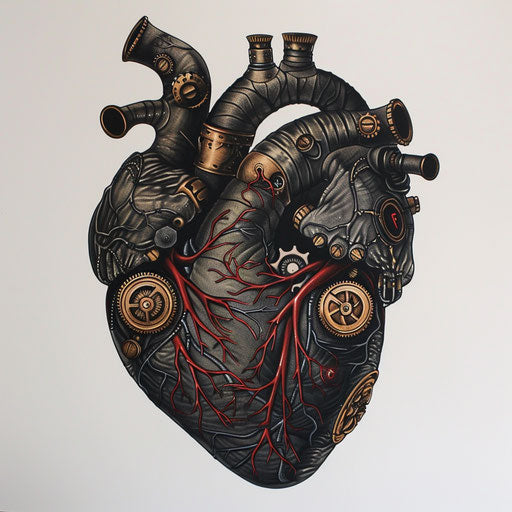 Anatomical heart steampunk tattoo with gears and pipes on white
