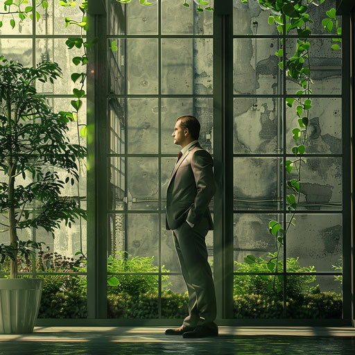 Businessman in green office space promoting sustainability in business