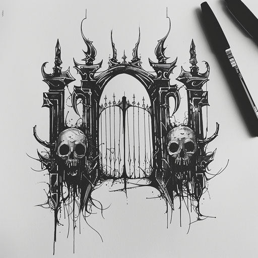 Minimalist black and white sketch of gates of hell